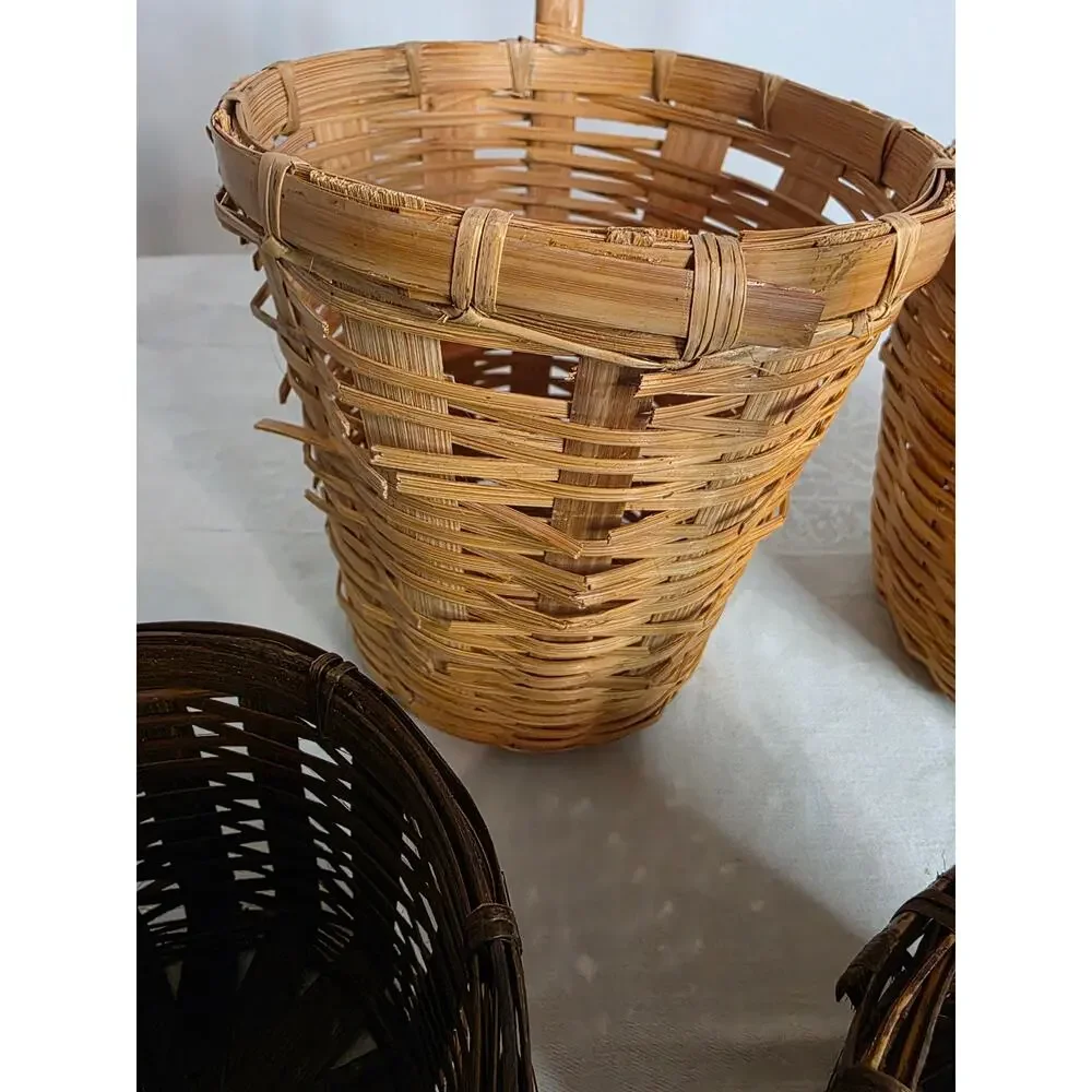 Vintage Woven Rattan Baskets with Long Cane Handles Set of 4 (Flaws)